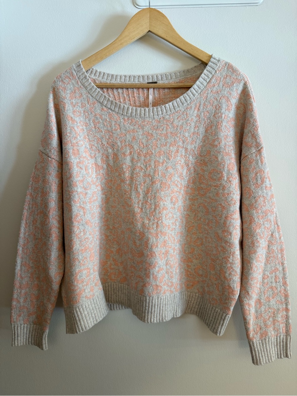 Free People Leopard Print Crewneck Sweater Peach and Gray Slouchy Boho Knit S